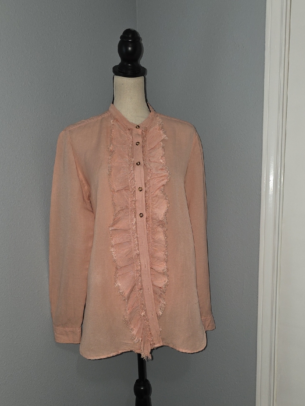 Pilcro Peach Ruffle-Front Button Shirt Sz S